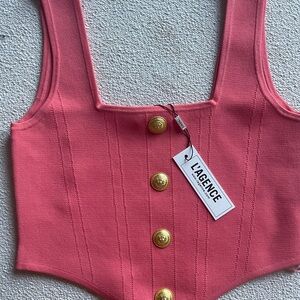 NWT L'AGENCE saga square neck knit Coral Top with Gold Buttons
